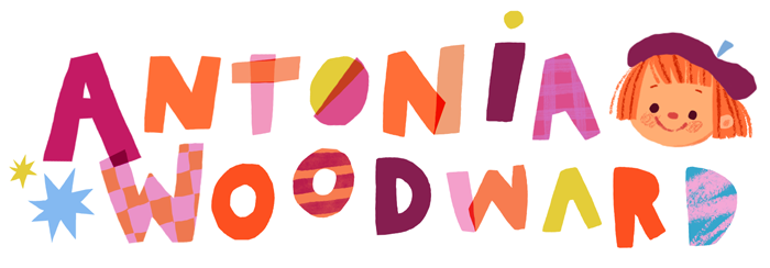 Illustrated logo of Antonia Woodward with letters collaged in different colours and a happy girl face with a beret and a red bob