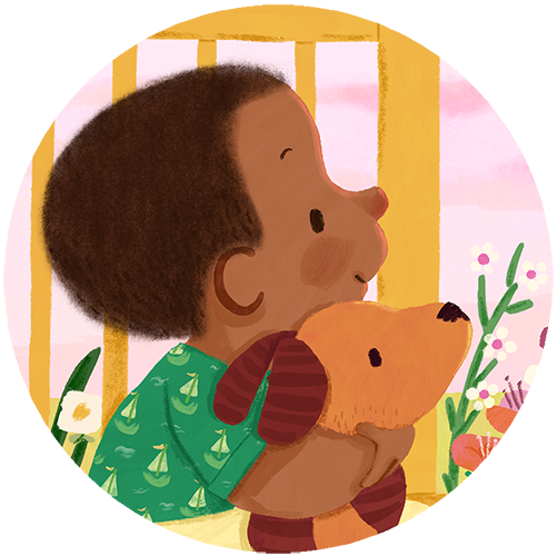 A little boy is sitting on his front porch surrounded by flowers, cuddling his toy dog and watching the sunset