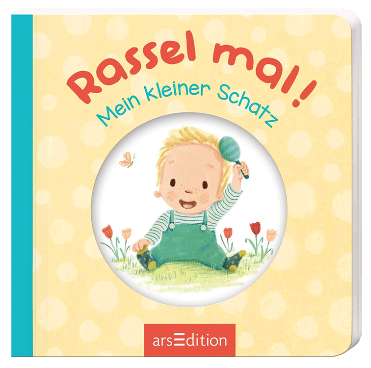 Rassel Mal boy transparent The front cover design. A little boy is sitting on the grass among flowers and holding a rattle