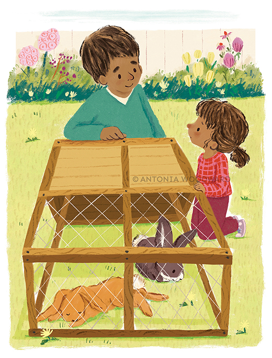 A dad and a daughter in the garden sitting next to the rabbit run. The girl is looking worriedly at her dad but he is smiling at her in a reassuring manner. The rabbits are lying on the ground inside the run.